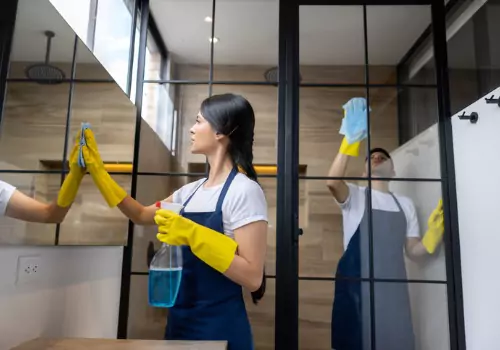 Man and woman sanitizing and wiping down glass shower doors during vacant residential cleaning in East Peoria IL.