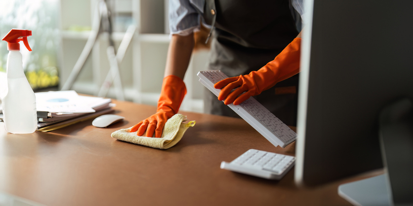 ffice Cleaning Services Bloomington IL, Asian woman cleaning in work room at home. Young woman housekeeper cleaner use a cloth to wipe equipment for working. concept housekeeping housework cleaning